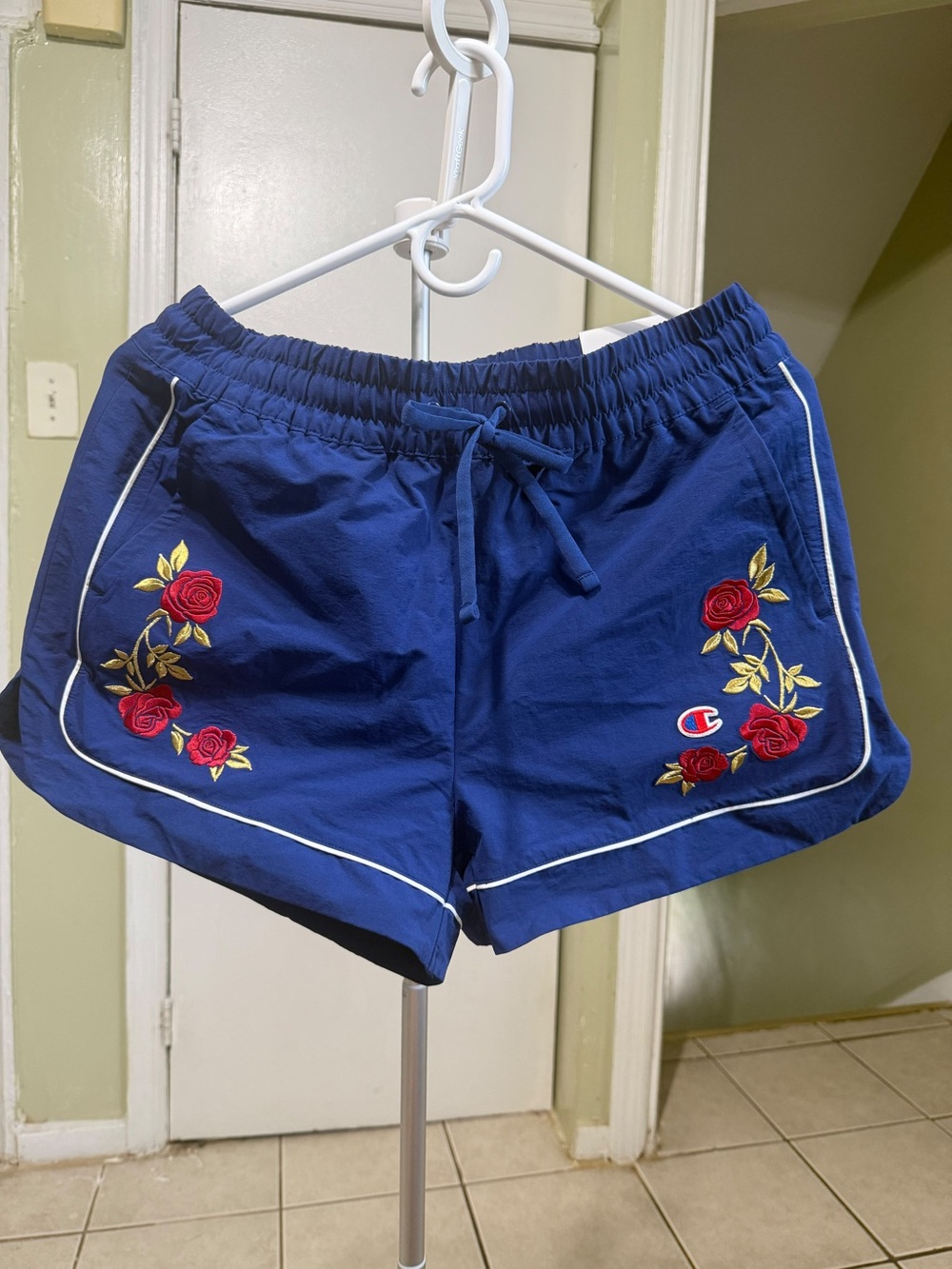 Champion Blue Athletic Shorts with Red Rose Embroidery